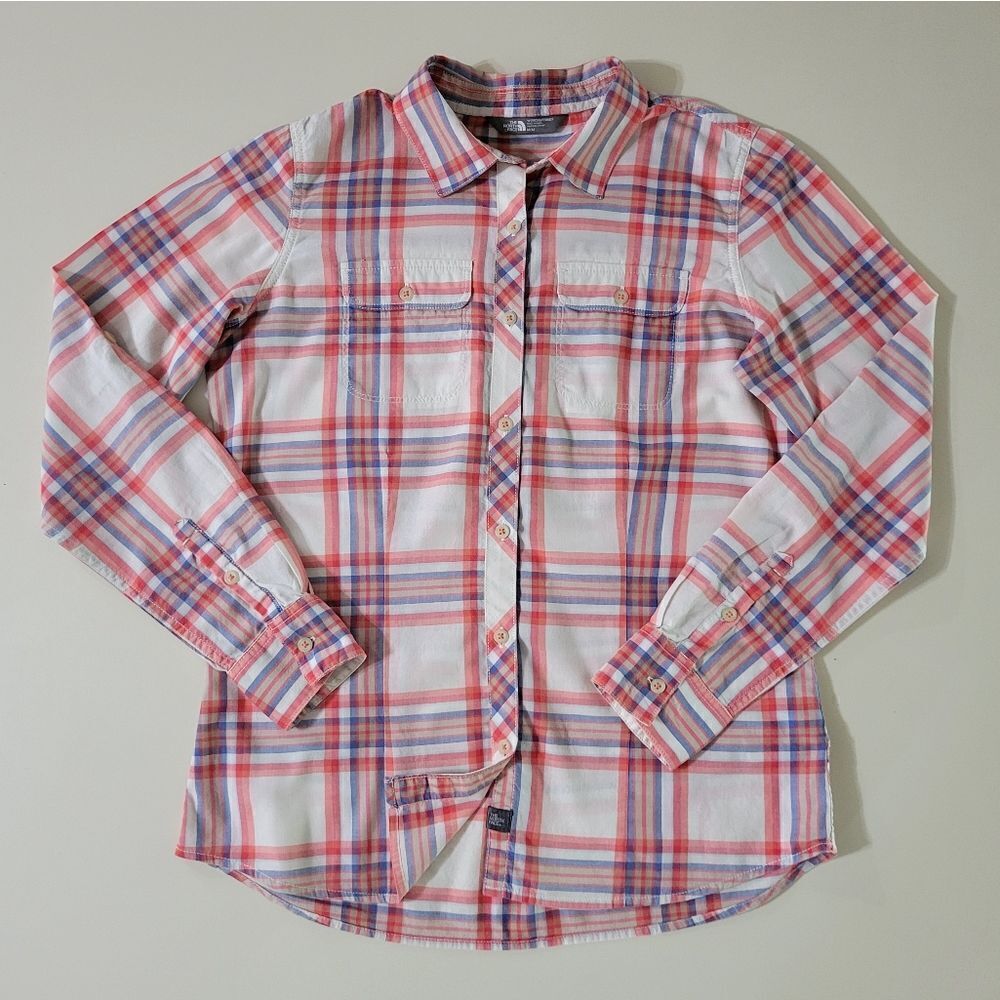 The North Face Women's Plaid Cotton Long Sleeve Button-Down Shirt Orange Blue